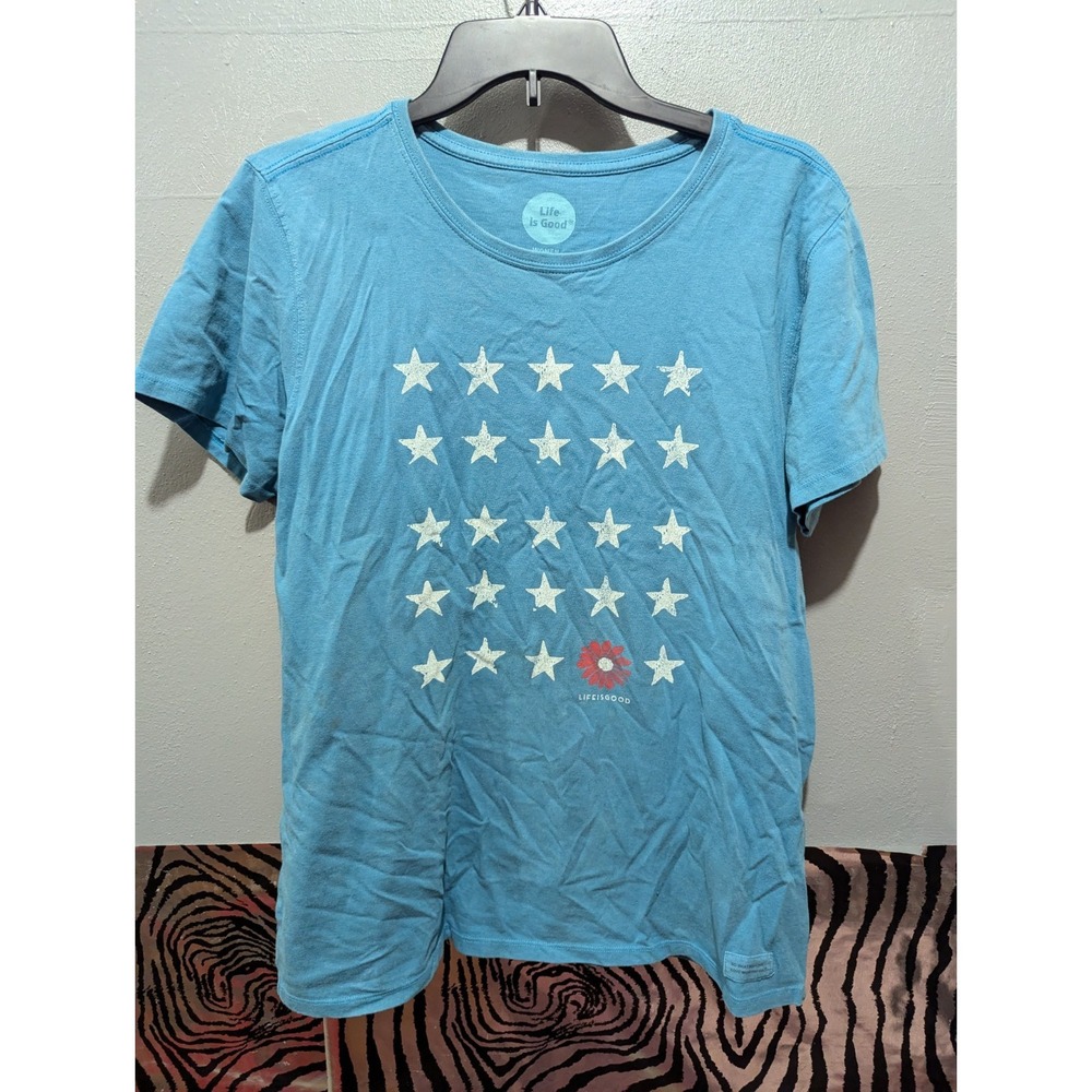 Life is good womens L stars blue green t-shirt top short sleeve